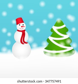 Christmas pattern with snowman and fir tree in snowy day
