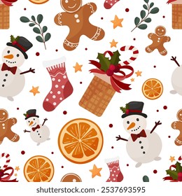 Christmas pattern with snowman, gingerbread, orange, giftbox and stars. Winter holidays design. Cute characters