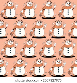 Christmas pattern with snowman groovy. Pattern in swatches. For fabric, wrapping paper and other decoration. Vector illustration.