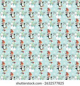 Weihnachtsmuster mit Schneemann und Pinguin