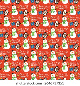 Padrão de Natal com boneco de neve, pinguim e presente