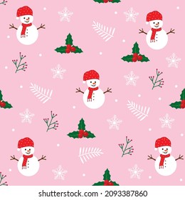 Christmas pattern with snowman in pink, red and white