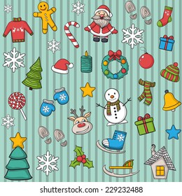 Christmas pattern with snowman, reindeer,Christmas tree,gift,house,candle, cookies,Santa Claus,footprints,snowflakes,ice skating,sleigh,stocking,Christmas ball on a striped background.New Year