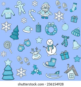 Christmas pattern with snowman, reindeer,Christmas tree,gift,house,candle, cookies,Santa Claus,footprints,snowflakes,ice skating,sleigh,stocking,Christmas ball,mittens.New Year