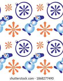 Christmas pattern: snowman, snowflake and Christmas tree toy