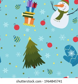 christmas pattern snowman, snowflakes, balls, gifts, tree, mittens on a blue background 
