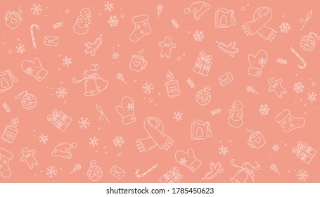 Christmas pattern with snowman, snowflakes, and other new year stuff. Beautiful coral background.