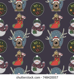 Christmas pattern with snowman, Christmas sock and deer. Violet background. Stickers