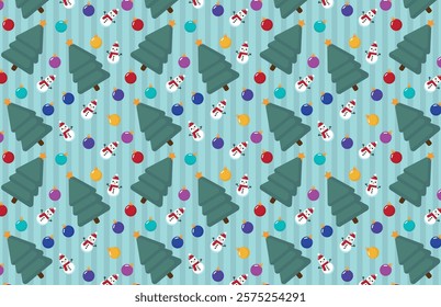 Christmas pattern, with snowman, Christmas tree, Christmas balls, in harmonic colors, background in green tones