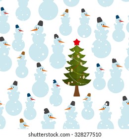 Christmas pattern. Snowman and Christmas tree seamless background. Feast of texture.
