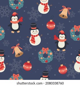 Christmas pattern with snowmans, penguins, bells and wreaths. Festive background with hand drawn elements, vector illustration