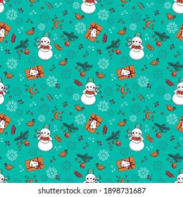 Christmas Pattern With Snowmen. Cartoon pattern on turquoise background. 