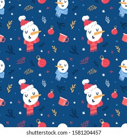 Christmas pattern with snowmen. Classic blue background - color of the year 2020. Snowmen with christmas hat, christmas ball, snowflake, gift box