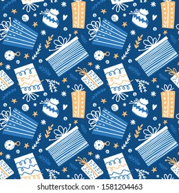 Christmas pattern with snowmen. Classic blue background - color of the year 2020. Snowmen with christmas hat, christmas ball, snowflake, gift box