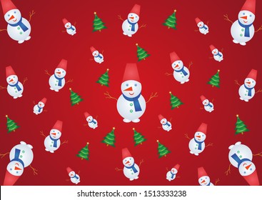 Christmas pattern with snowmen and green Christmas trees with a gold garland and a star on a burgundy background