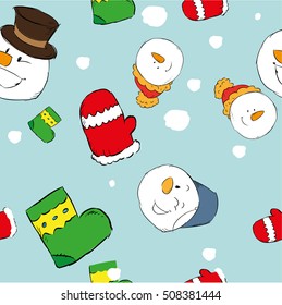 Christmas pattern. Snowmen in hats. Boots, snow gloves. Vector illustration