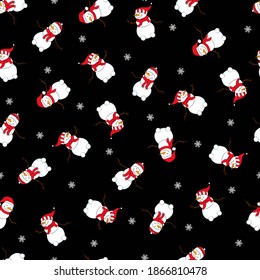 Christmas pattern with snowmen on snowflakes background. Seamless winter pattern.