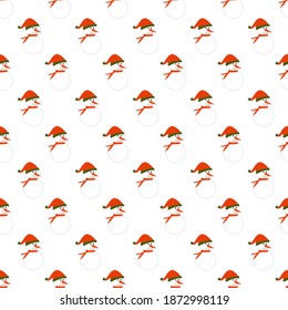 Patrón de Navidad con hombres de nieve. Patrón geométrico simple sobre un fondo blanco. Hombre de nieve con zanahoria de naranja y sombrero de santa roja. Papel digital para las navidades navideñas. Ilustración vectorial, envoltura de regalo