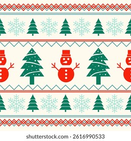 Christmas pattern with snowmen  Christmas trees  and snowflakes. Perfect for winter textiles, wrapping paper, and holiday crafts.
