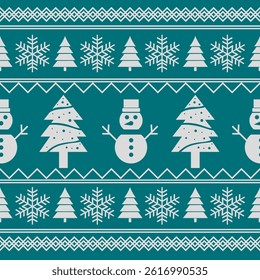 Christmas pattern with snowmen  Christmas trees  and snowflakes. Perfect for winter textiles, wrapping paper, and holiday crafts.

