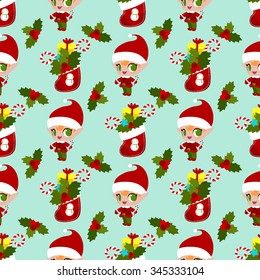 Christmas pattern with socks, candy, gifts and Elves of Santa Claus.