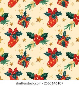 Christmas pattern with socks, christmas flowers snowflakes, gifts on a yellow background. Seamless background perfect for use in textiles, wallpapers, and festive decorations.