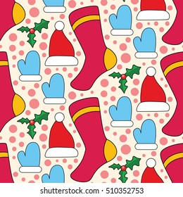 Christmas pattern: socks, mittens, hat, mistletoe