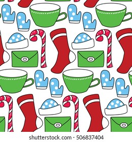 Christmas pattern: socks, mittens, letter to Santa, cup of tea and Candy Cane. Color patten - red, green and blue
