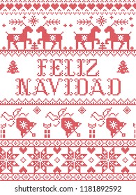 Christmas pattern Spanish Merry Christmas  Feliz Navidad vector seamless pattern inspired by Nordic culture festive winter in cross stitch with heart, snowflake, snow ,Christmas tree,  reindeer, gifts