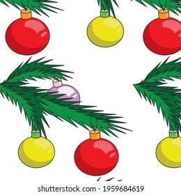 Christmas pattern with spruce branches decorated with colorful balls. Seamless pattern. Vector stock illustration.