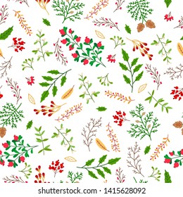 Christmas pattern with spruce branches, mistletoe and berries. Seamless xmas background with winter plants. Holiday design for Christmas and New Year fashion prints