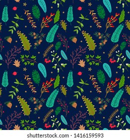Christmas pattern with spruce branches, mistletoe and berries. Seamless xmas background with winter plants. Holiday design for Christmas and New Year fashion prints