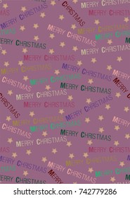 Christmas pattern with stars and wishes "Merry christmas" on the dark pink background