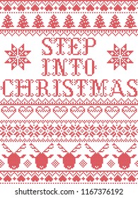 Christmas pattern Step into christmas carol vector seamless pattern inspired by Nordic culture festive winter in cross stitch with heart, snowflake, snow ,Christmas tree,  reindeer, Christmas ornament