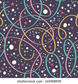 Christmas pattern with streamers and confetti. Seamless background with streamer and confetti
