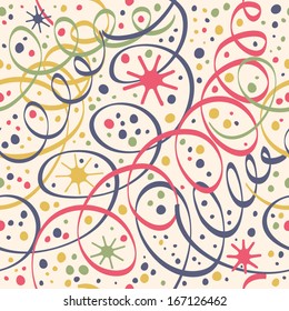 Christmas pattern with streamers and confetti. Seamless background with streamer and confetti