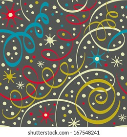 Christmas pattern with streamers and confetti. Seamless background with streamer and confetti