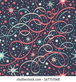 Christmas pattern with streamers and confetti. Seamless background with streamer and confetti