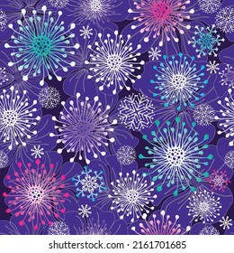 Christmas pattern with stylized colorful snowflakes and flowers.Seamless texture. Vector eps 10