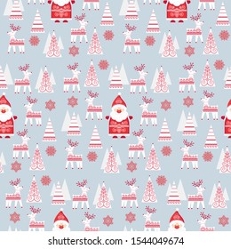 CHRISTMAS PATTERN WITH STYLIZED DECORATIVE ELEMENTS: SANTA, DEERS, TREES, SNOWFLAKES ON GRAY BACKGROUND