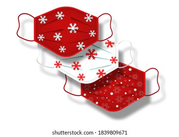 Christmas pattern of surgical masks. Industrial safety mask, dust protection respirator and breathing medical respiratory mask. Hospital or pollution protect face masking. Vector isolated on white