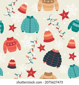 Christmas pattern with sweaters, winter coats, hats and lights. Festive background with hand drawn elements, vector illustration