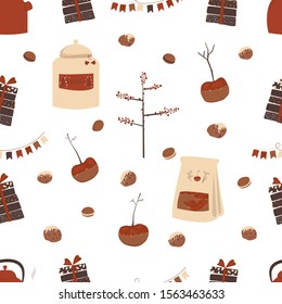 Christmas pattern with sweets and Christmas attributes.