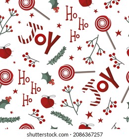 Weihnachtsmuster mit Süßigkeiten, heilig und Schrift auf weißem Hintergrund in handgezeichnet. Vektorgrafik