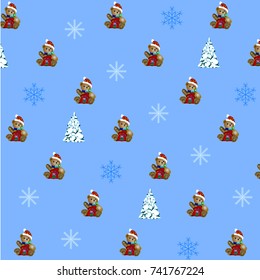 Christmas Pattern with Teddy Bear and Fir Tree and Snowflakes. Vector Illustration
