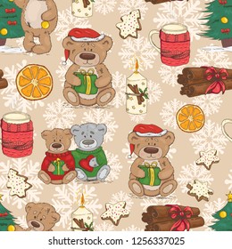 Christmas pattern with teddy bears, cookies and spices