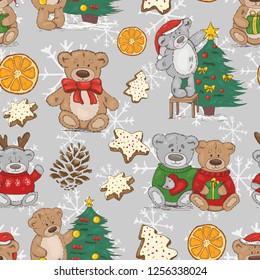 Christmas pattern with teddy bears, cookies and spices