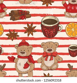 Christmas pattern with teddy bears, cups and spices