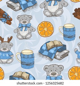 Christmas pattern with teddy bears, cups and spices