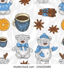 Christmas pattern with teddy bears, cups and spices